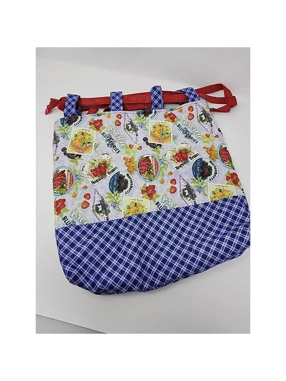 Handmade Tote Bag with Fruit Print and Blue Plaid Northwest Berries